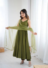 Attractive Mehndi Color Roman Silk Anarkali Suit